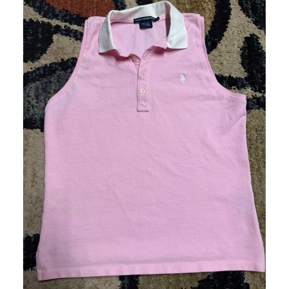 Ralph Lauren Sport Pink Sleeveless Polo Shirt White Collar Cotton Pique Large